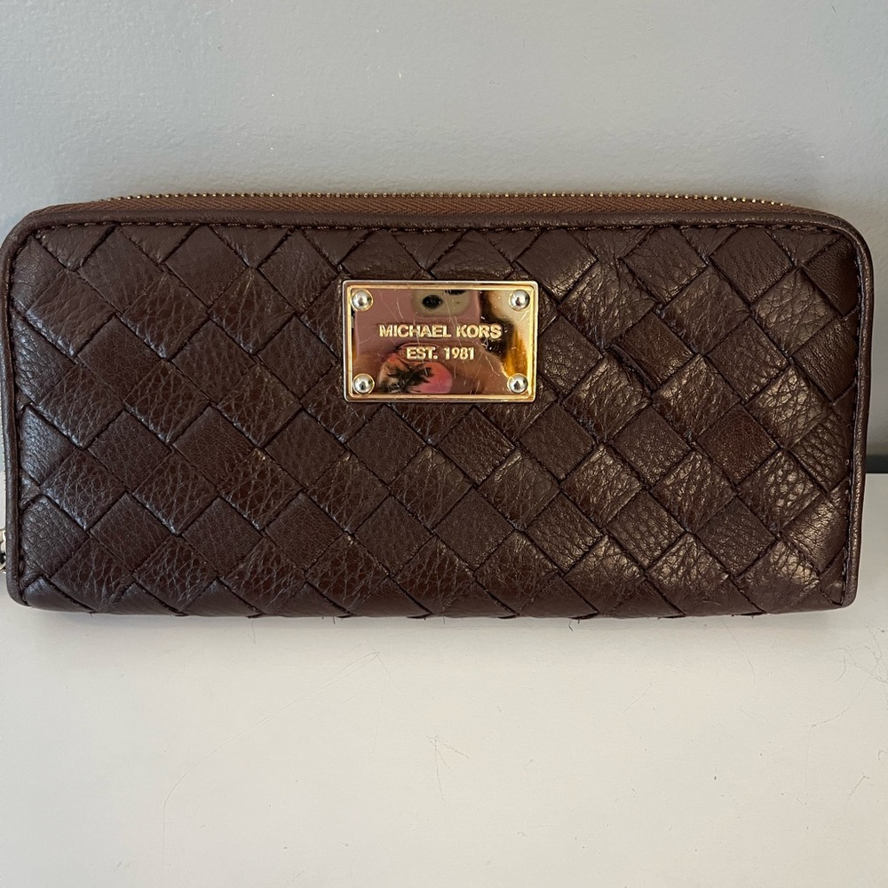 Michael Kors Dark Brown Woven Zip around wallet
